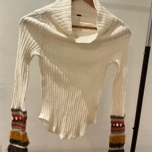 Free People Cream Sweater with Multicolor Cuffs